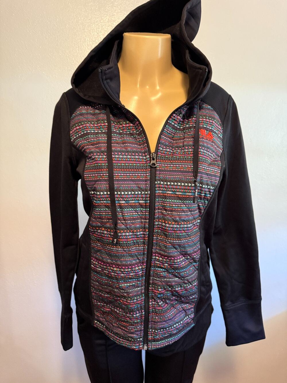 Fila Sport Black with Multicolored Aztec Hoodie jacket , womens size M